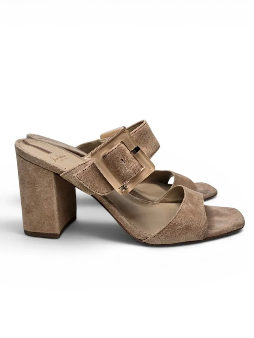 Sam Edelman Dalton Block Heel Sandals Womens Golden Caramel Suede Buckle Strap